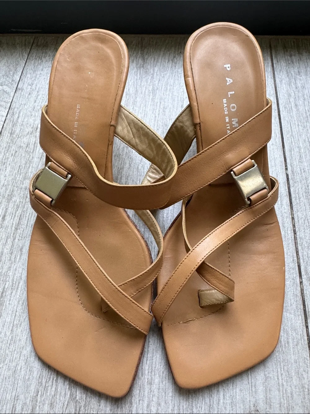 Paloma Tan Leather Crisscross Slide Sandals Made in Italy Vintage 6.5 Heels